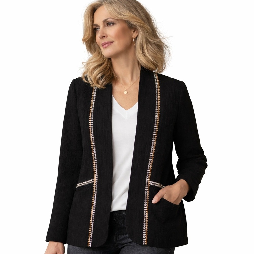 J Jill Pure Jill Seersucker Jacket XL Black Open Front Blazer Minimalist Boho